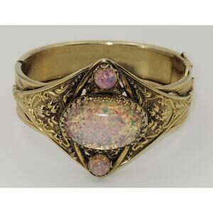 Vintage Mexico Foil Glass Fire Opal Cabochon Repousse Gold Tone Cuff Bracelet